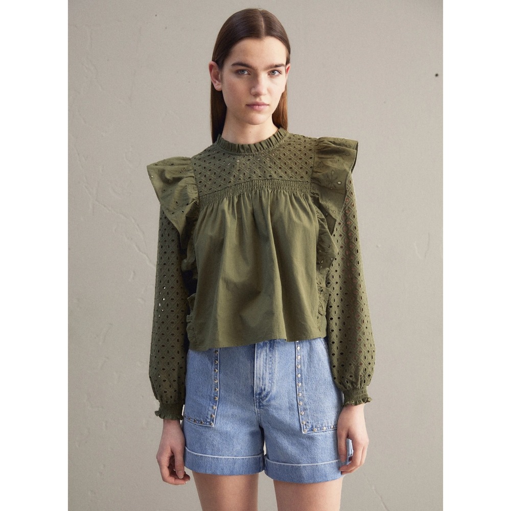 Maje Linode Eyelet Ruffle Blouse Green Long Sleeve Top Sz 1 FR / 4 US - Picture 1 of 11